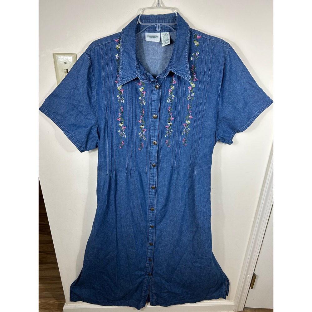 The Vermont Country Store Denim Dress 1X Blue Floral Embroidered Pintuck Cottage